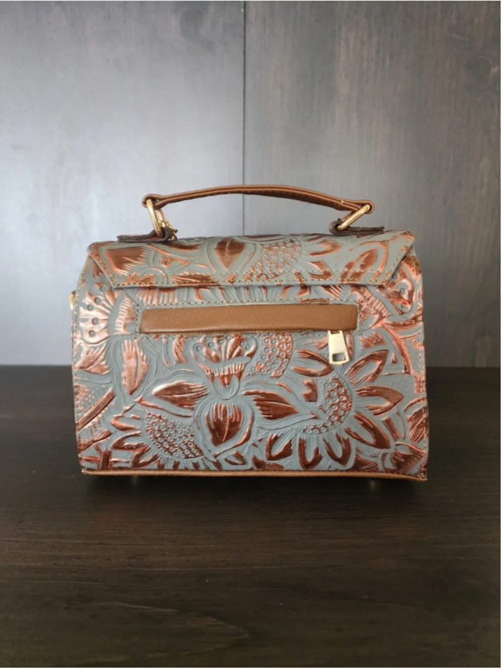 Blue Gray Bronze Sunflower Embossed Tooled Artisan Leather Crossbody Purse